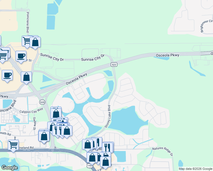 map of restaurants, bars, coffee shops, grocery stores, and more near 4602 Fairy Tale Circle in Kissimmee