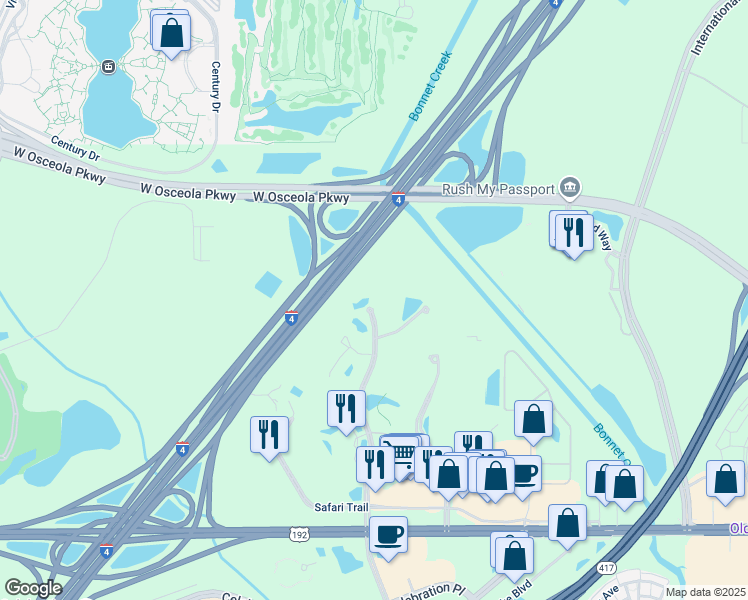 map of restaurants, bars, coffee shops, grocery stores, and more near Parkway Boulevard in Kissimmee