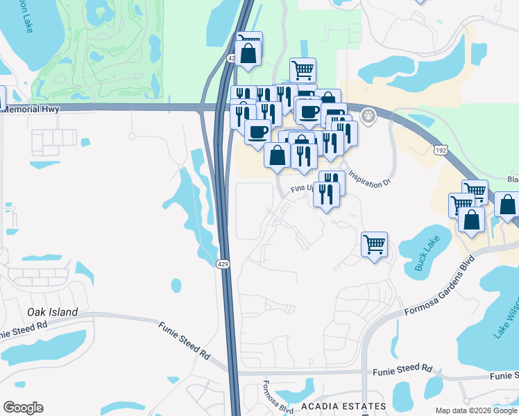 map of restaurants, bars, coffee shops, grocery stores, and more near 3100 Domain Circle in Kissimmee