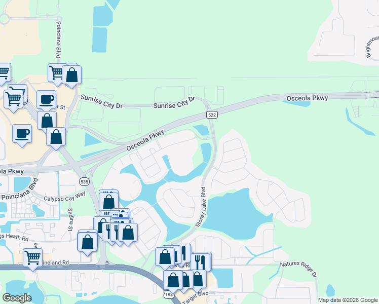 map of restaurants, bars, coffee shops, grocery stores, and more near 3150 Paradox Circle in Kissimmee