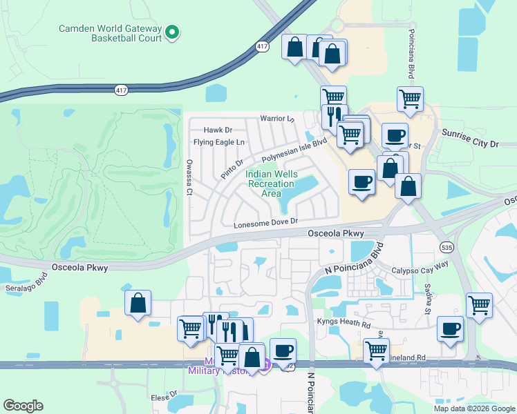 map of restaurants, bars, coffee shops, grocery stores, and more near 5327 Lonesome Dove Drive in Kissimmee