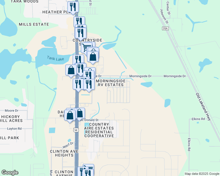 map of restaurants, bars, coffee shops, grocery stores, and more near 125 Morning Drive in Dade City