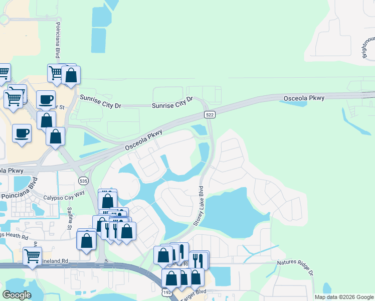 map of restaurants, bars, coffee shops, grocery stores, and more near 3150 Paradox Circle in Kissimmee