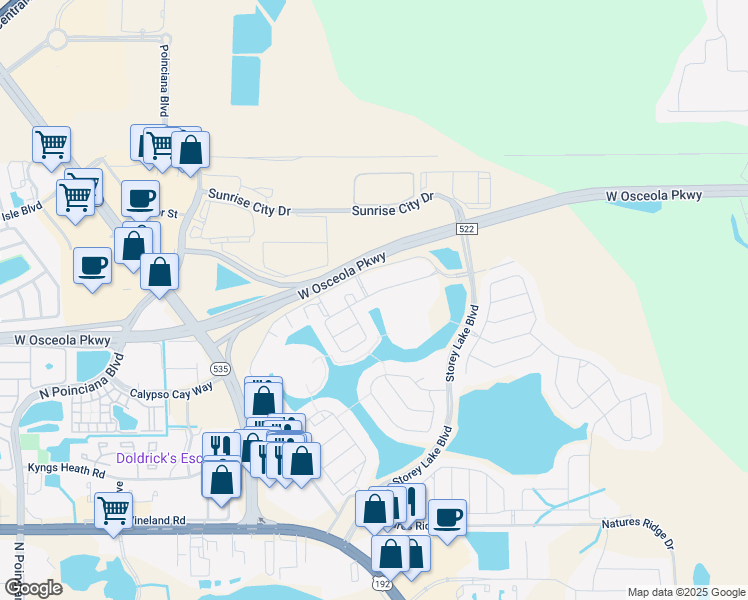 map of restaurants, bars, coffee shops, grocery stores, and more near 3111 Paradox Circle in Kissimmee
