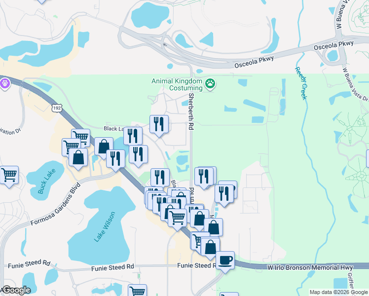 map of restaurants, bars, coffee shops, grocery stores, and more near 3173 Brasilia Avenue in Kissimmee