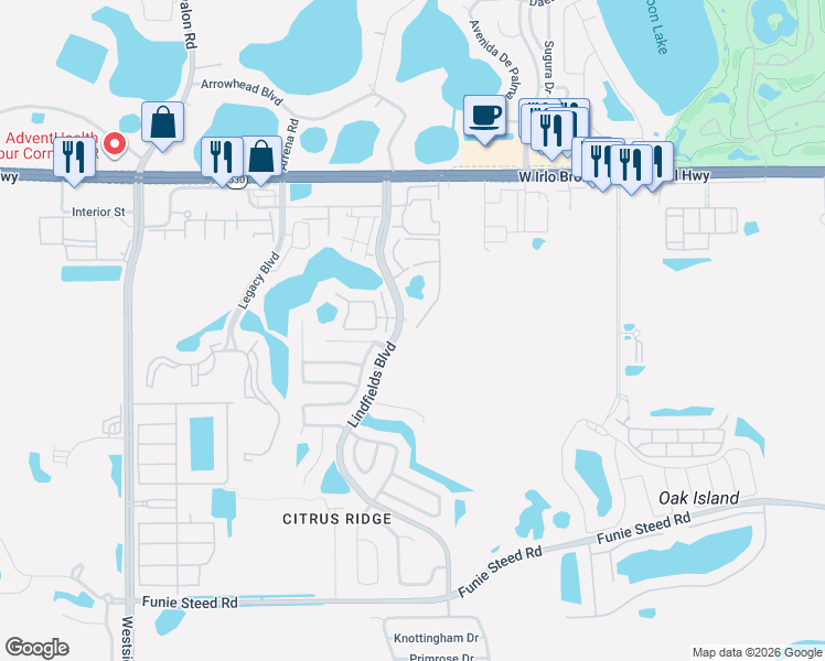 map of restaurants, bars, coffee shops, grocery stores, and more near 8700 Knightsbridge Court in Kissimmee