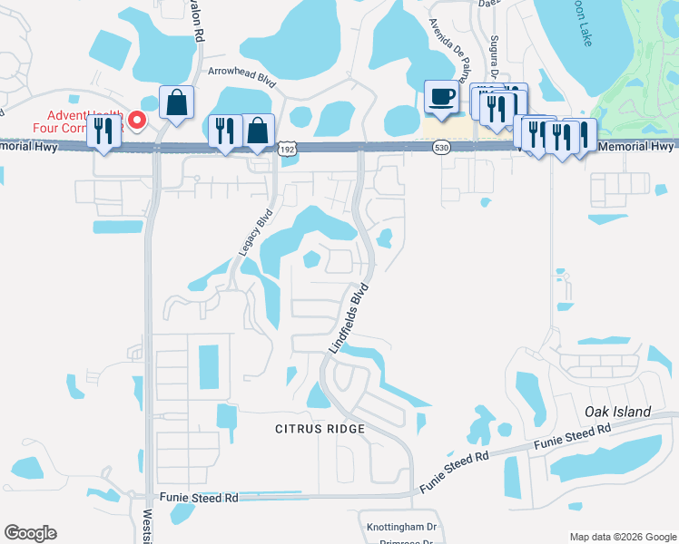map of restaurants, bars, coffee shops, grocery stores, and more near 3089 Bloomsbury Drive in Kissimmee