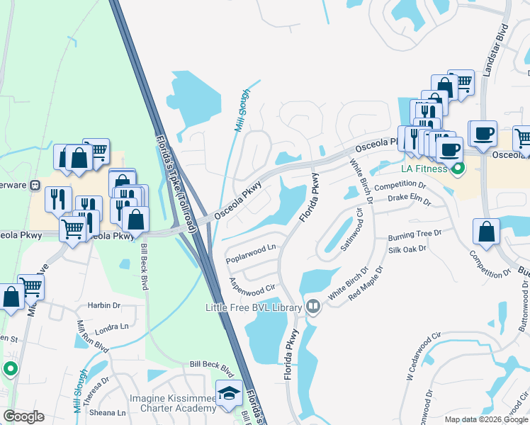 map of restaurants, bars, coffee shops, grocery stores, and more near 310 Plumwood Circle in Kissimmee