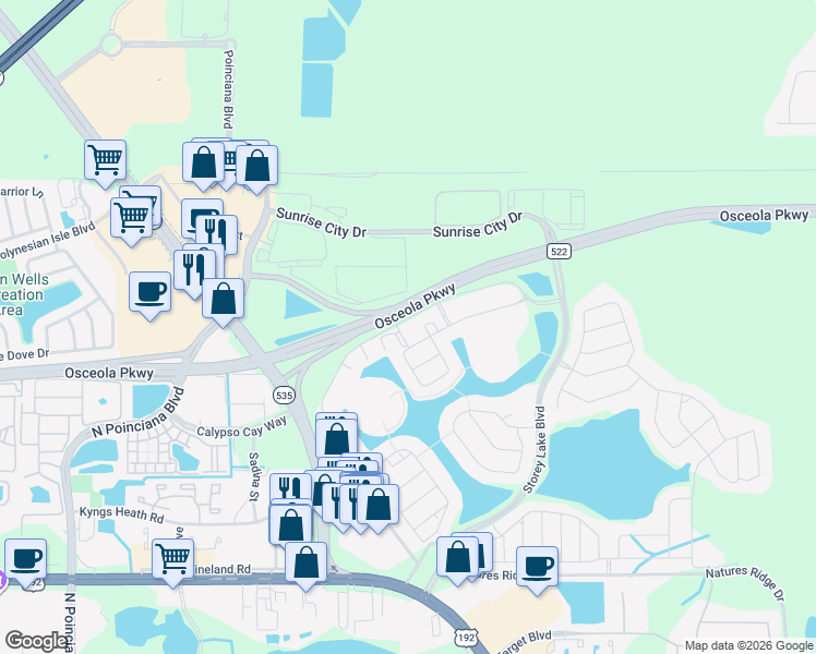 map of restaurants, bars, coffee shops, grocery stores, and more near 3071 Pequod Place in Kissimmee