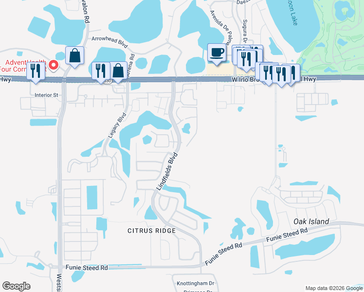 map of restaurants, bars, coffee shops, grocery stores, and more near 3175 Lindfields Boulevard in Kissimmee