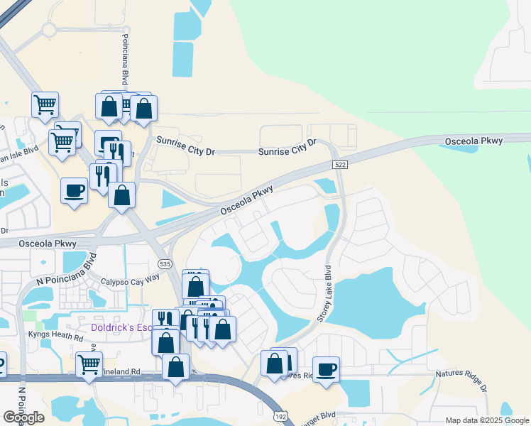 map of restaurants, bars, coffee shops, grocery stores, and more near 4870 Clock Tower Drive in Kissimmee