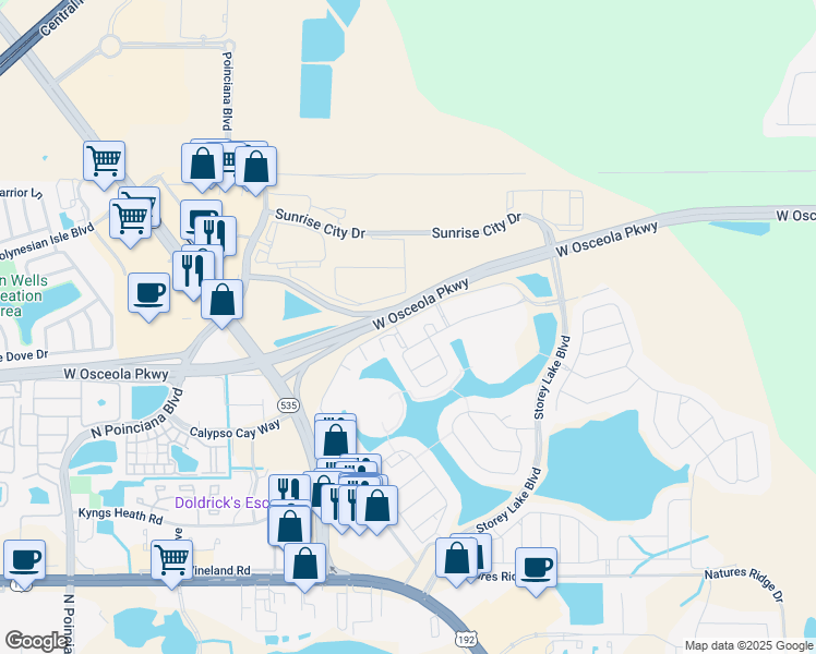 map of restaurants, bars, coffee shops, grocery stores, and more near 3071 Pequod Place in Kissimmee