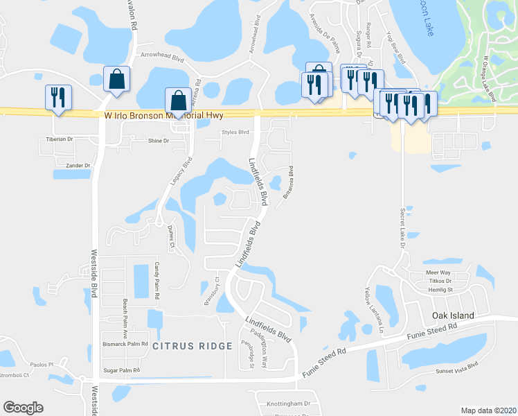 map of restaurants, bars, coffee shops, grocery stores, and more near 3089 Bloomsbury Drive in Kissimmee