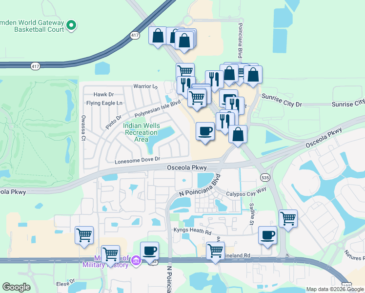map of restaurants, bars, coffee shops, grocery stores, and more near 3217 Running Bear Way in Kissimmee