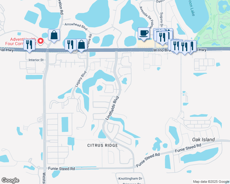 map of restaurants, bars, coffee shops, grocery stores, and more near 3089 Bloomsbury Drive in Kissimmee