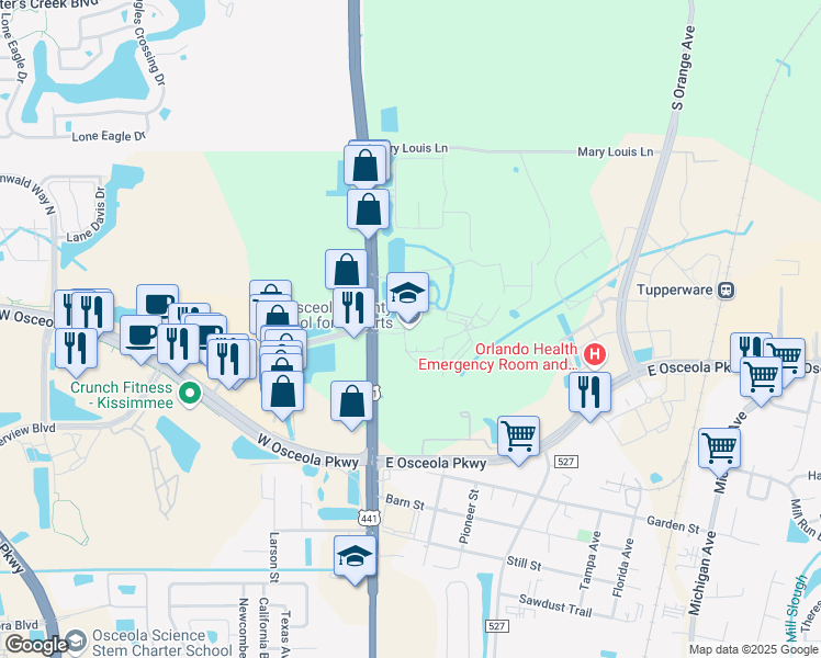 map of restaurants, bars, coffee shops, grocery stores, and more near 3151 North Orange Blossom Trail in Kissimmee