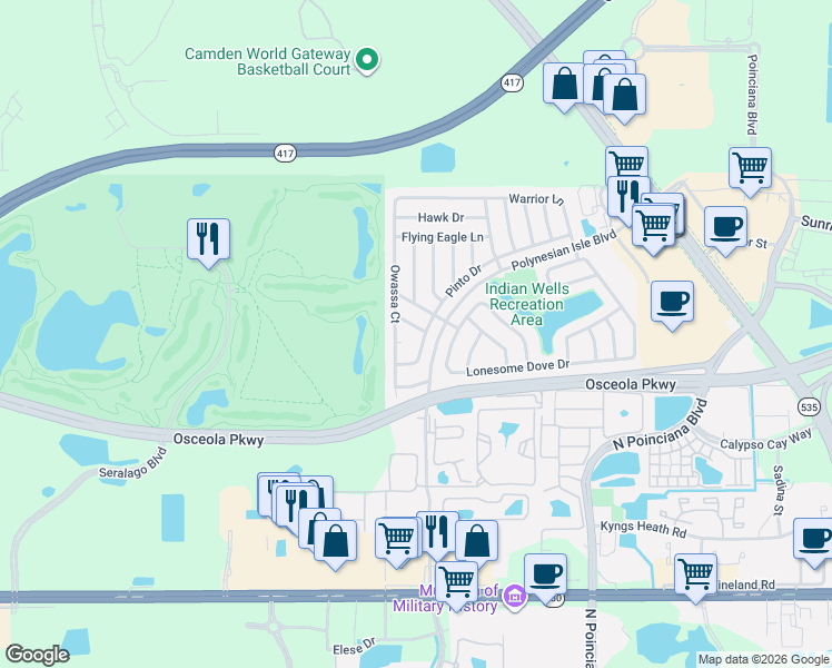 map of restaurants, bars, coffee shops, grocery stores, and more near 5316 Barefoot Path in Kissimmee