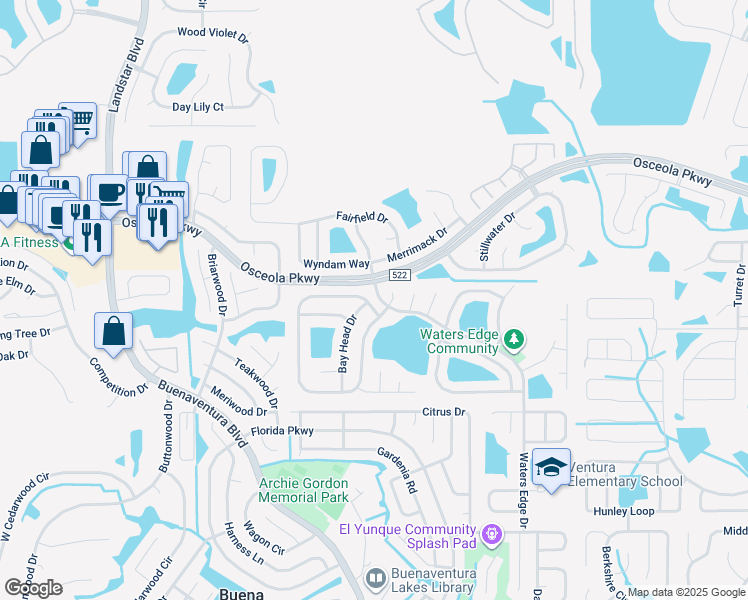 map of restaurants, bars, coffee shops, grocery stores, and more near in Buena Ventura Lakes