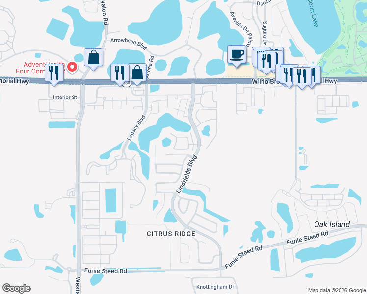 map of restaurants, bars, coffee shops, grocery stores, and more near 3210 Queen Palms Court in Kissimmee