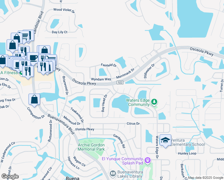 map of restaurants, bars, coffee shops, grocery stores, and more near in Buena Ventura Lakes