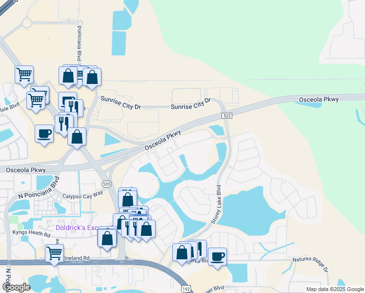 map of restaurants, bars, coffee shops, grocery stores, and more near Clock Tower Drive in Kissimmee