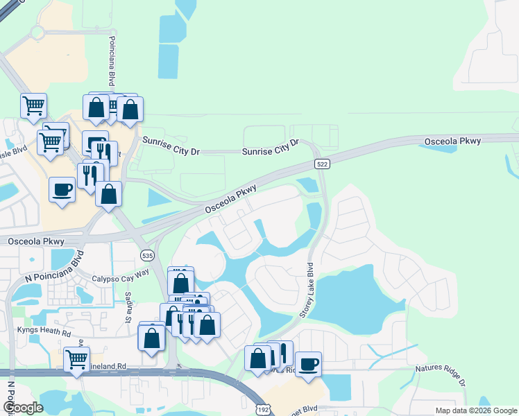 map of restaurants, bars, coffee shops, grocery stores, and more near 4741 Clock Tower Drive in Kissimmee
