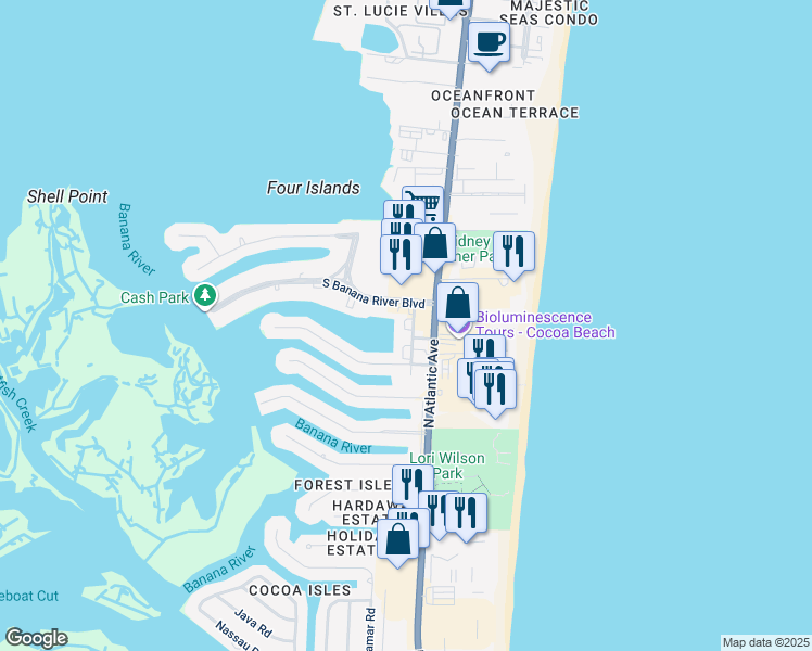 map of restaurants, bars, coffee shops, grocery stores, and more near 100 South Banana River Boulevard in Cocoa Beach