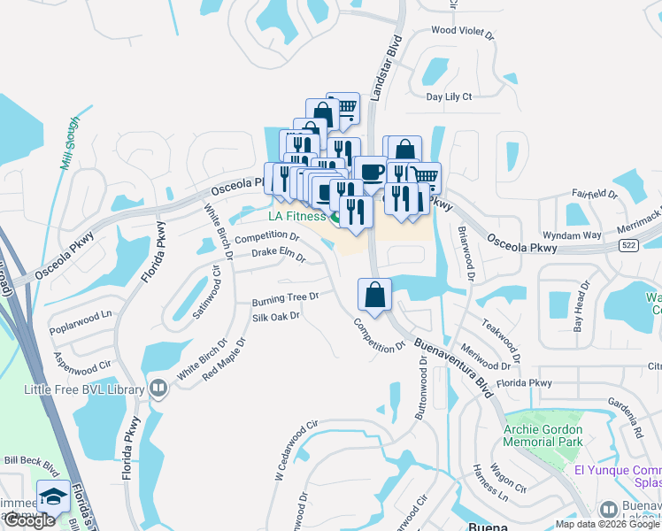 map of restaurants, bars, coffee shops, grocery stores, and more near 245 Competition Drive in Kissimmee