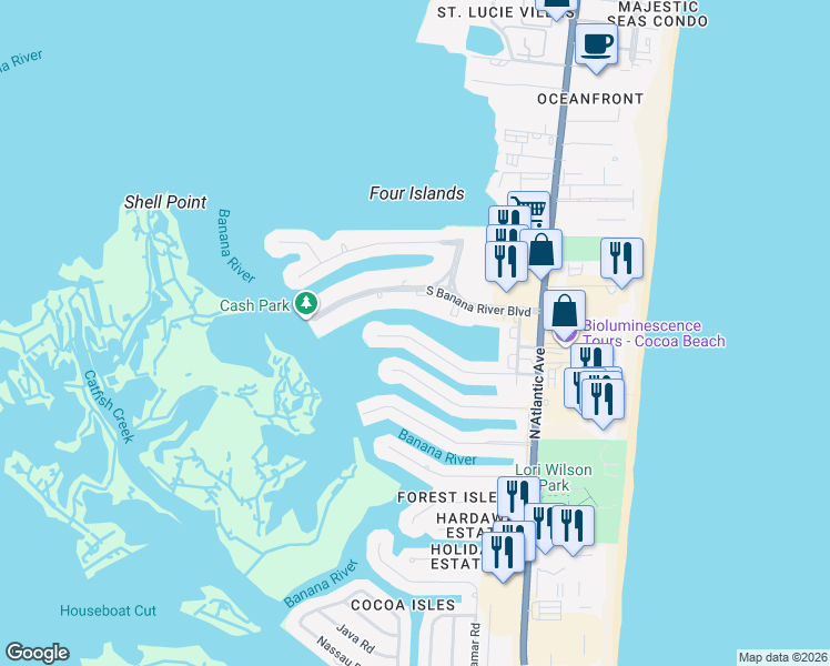 map of restaurants, bars, coffee shops, grocery stores, and more near 205 Bimini Road in Cocoa Beach