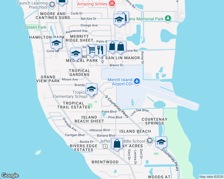 map of restaurants, bars, coffee shops, grocery stores, and more near 360 Aztec Avenue in Merritt Island