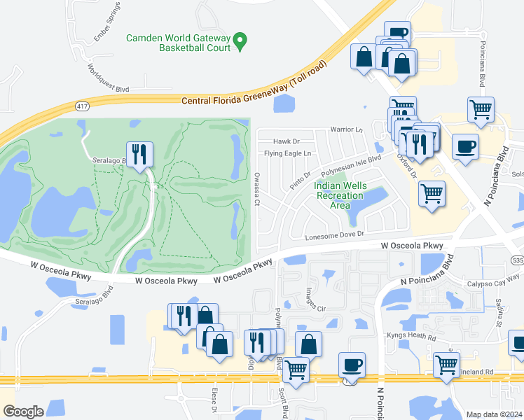map of restaurants, bars, coffee shops, grocery stores, and more near 5322 Jade Street in Kissimmee