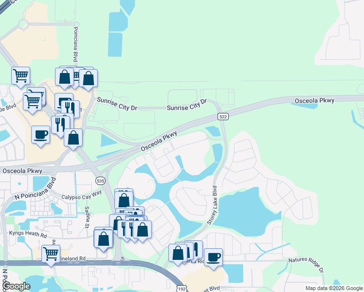map of restaurants, bars, coffee shops, grocery stores, and more near 4741 Clock Tower Drive in Kissimmee