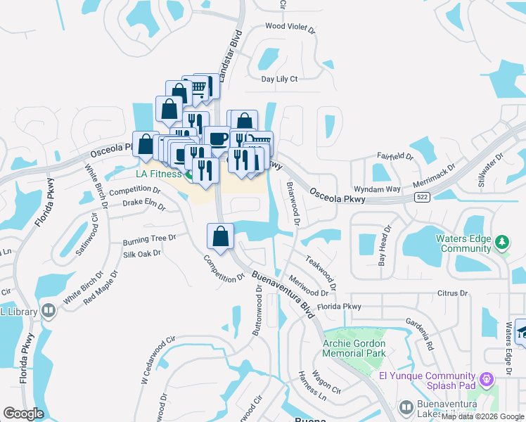 map of restaurants, bars, coffee shops, grocery stores, and more near 74 Lakepointe Circle in Kissimmee