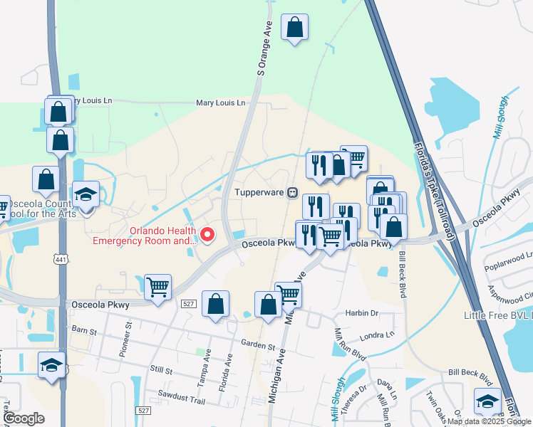 map of restaurants, bars, coffee shops, grocery stores, and more near 1087-1249 East Osceola Parkway in Kissimmee