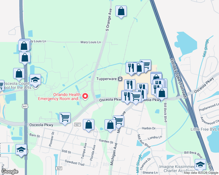 map of restaurants, bars, coffee shops, grocery stores, and more near 1087-1249 East Osceola Parkway in Kissimmee