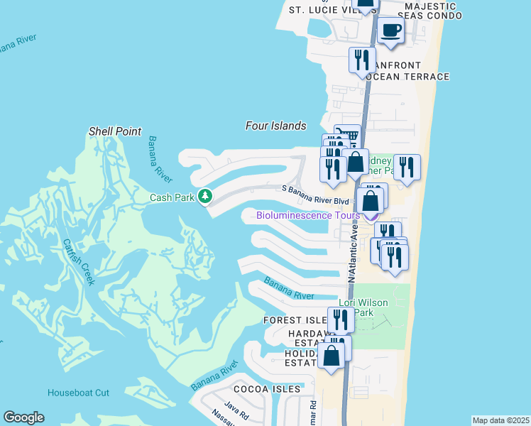 map of restaurants, bars, coffee shops, grocery stores, and more near 221 Bimini Road in Cocoa Beach