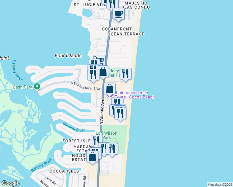 map of restaurants, bars, coffee shops, grocery stores, and more near 1980 North Atlantic Avenue in Cocoa Beach