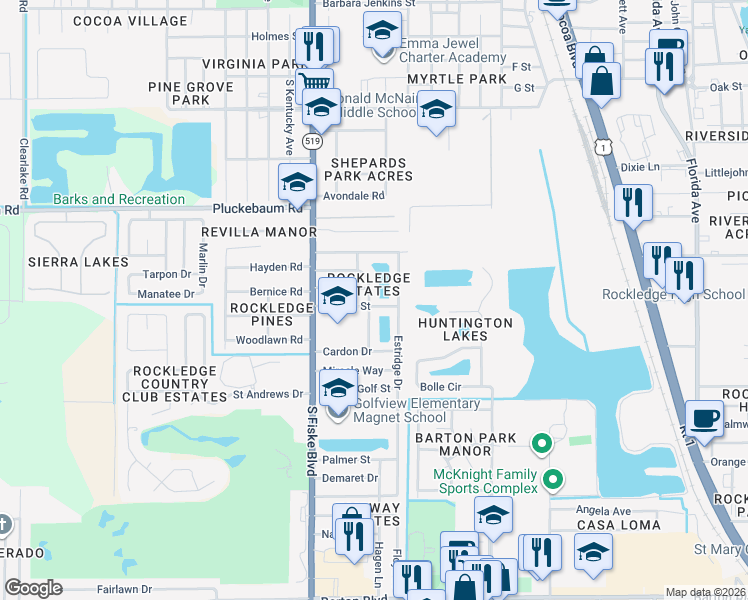 map of restaurants, bars, coffee shops, grocery stores, and more near 911 O'hara Drive in Rockledge