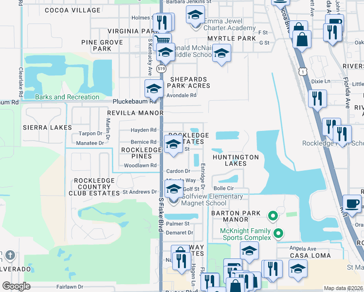 map of restaurants, bars, coffee shops, grocery stores, and more near 911 O'hara Drive in Rockledge