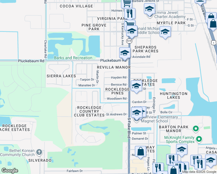 map of restaurants, bars, coffee shops, grocery stores, and more near 1036 Bernice Road in Rockledge