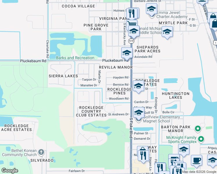 map of restaurants, bars, coffee shops, grocery stores, and more near 1097 Georgia Avenue in Rockledge