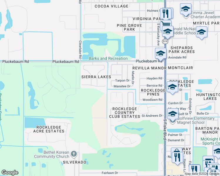 map of restaurants, bars, coffee shops, grocery stores, and more near 1400 Scout Drive in Rockledge
