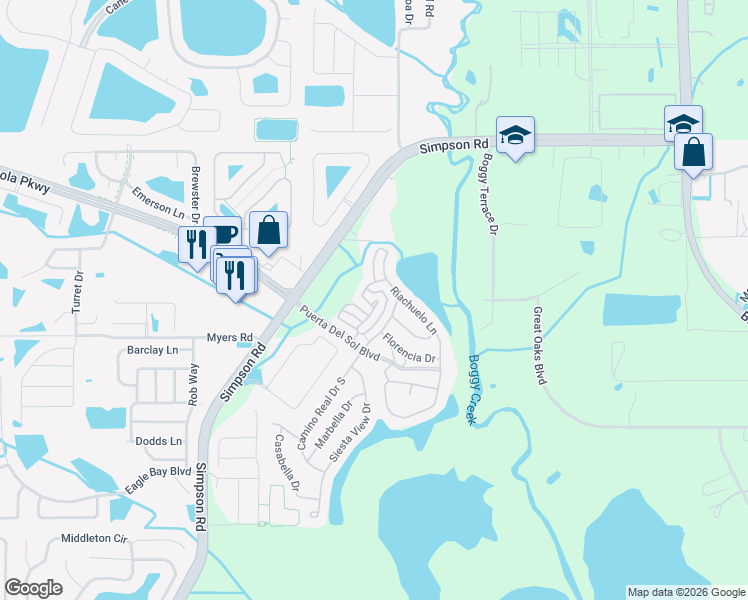map of restaurants, bars, coffee shops, grocery stores, and more near 3142 Riachuelo Lane in Kissimmee