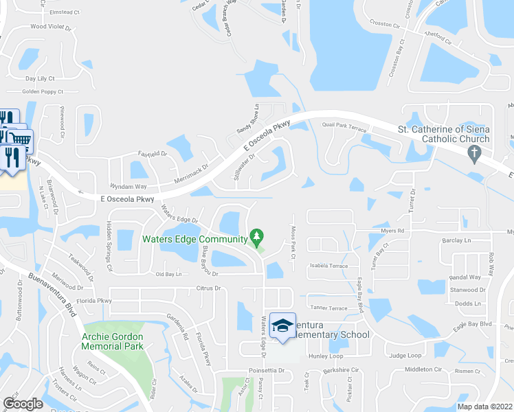 map of restaurants, bars, coffee shops, grocery stores, and more near 124 Blackwater Court in Kissimmee
