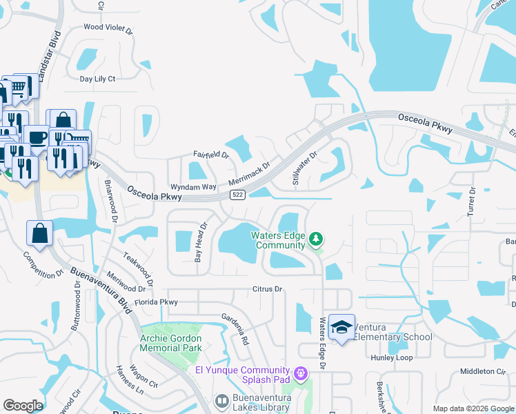 map of restaurants, bars, coffee shops, grocery stores, and more near 112 Blue Springs Court in Kissimmee