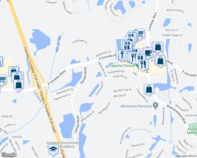 map of restaurants, bars, coffee shops, grocery stores, and more near 295 Satinwood Circle in Kissimmee
