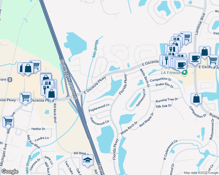map of restaurants, bars, coffee shops, grocery stores, and more near 332 Plumwood Circle in Kissimmee
