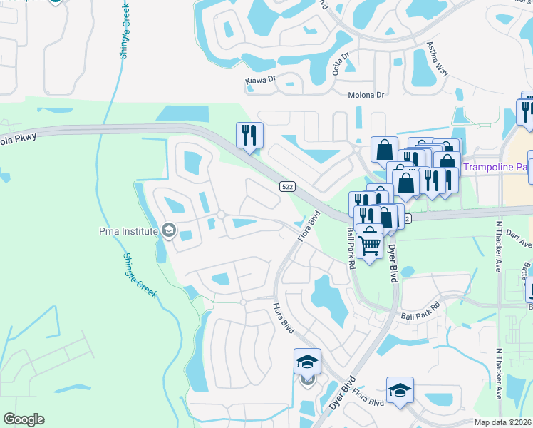 map of restaurants, bars, coffee shops, grocery stores, and more near 3235 River Branch Circle in Kissimmee