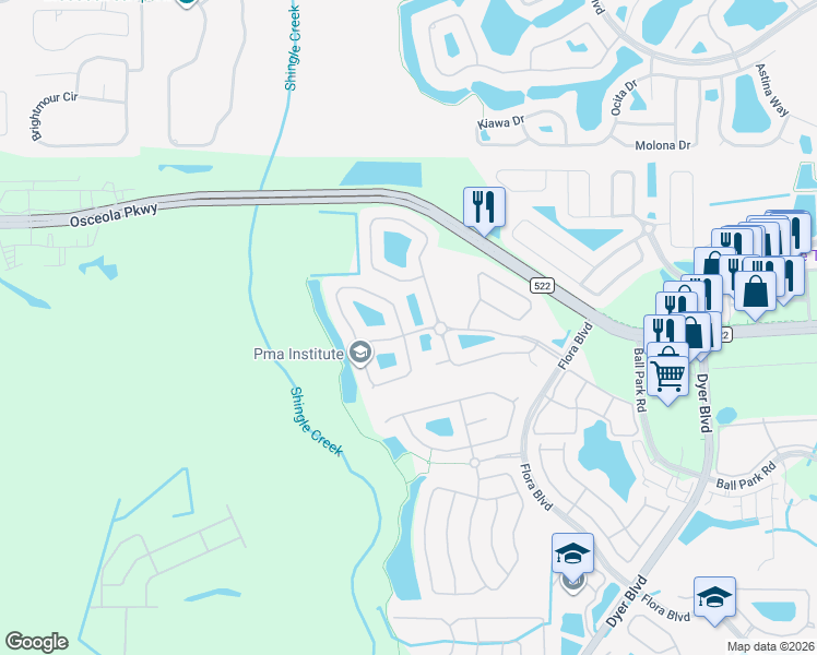 map of restaurants, bars, coffee shops, grocery stores, and more near 3205 Hanging Moss Circle in Kissimmee