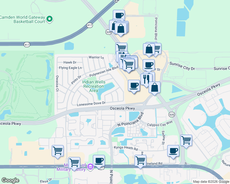 map of restaurants, bars, coffee shops, grocery stores, and more near 5209 Broken Arrow Drive in Kissimmee